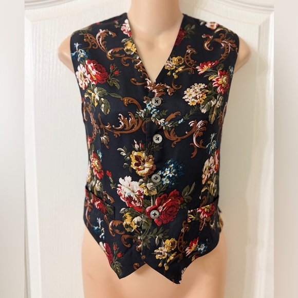 Vintage Classiques For Nordstrom Black Floral 100% Silk Button-Up Vest, Size S - Picture 4 of 11